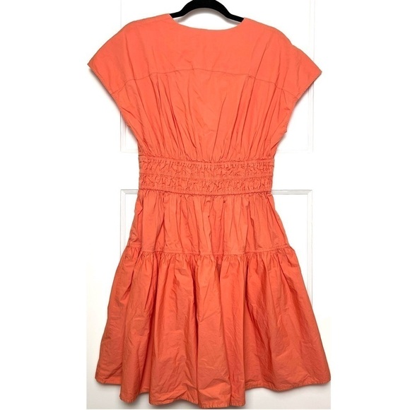 DEREK LAM Coral Cotton Smocked Ruched Tie Waist Short Sleeve Flare Mini Dress 12 - Picture 8 of 13